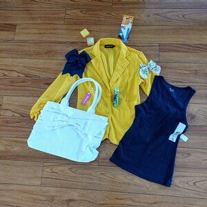 New 2 bows & women's business jacket with gold color necklace,set